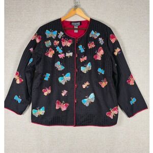Indigo Moon Womens 1X Butterfly Applique Beaded Sequin Jacket Black Red Art Wear